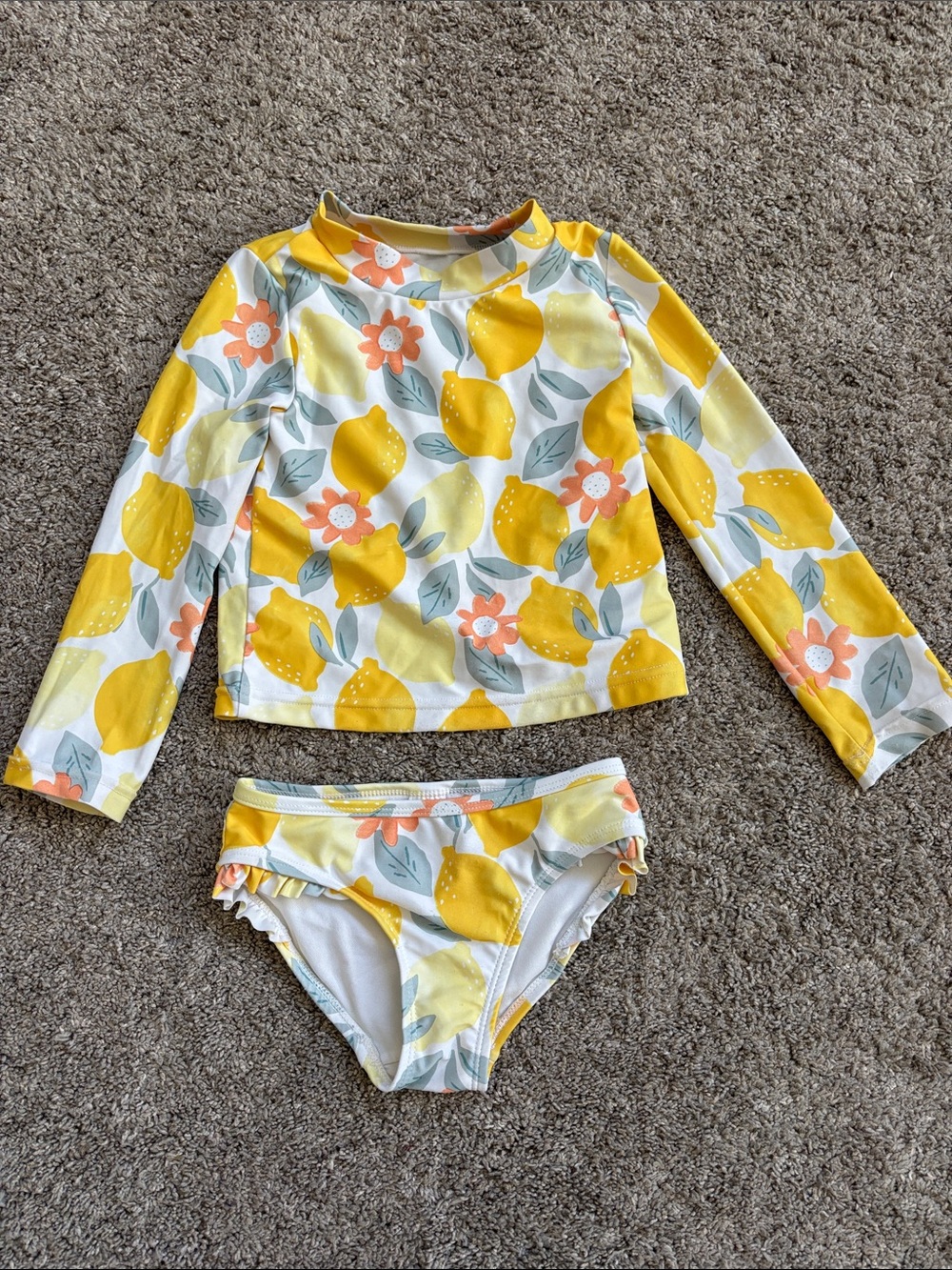 Kids Lemon Print Long Sleeve Rashguard Set - Yellow Floral Swim Top & Bottom